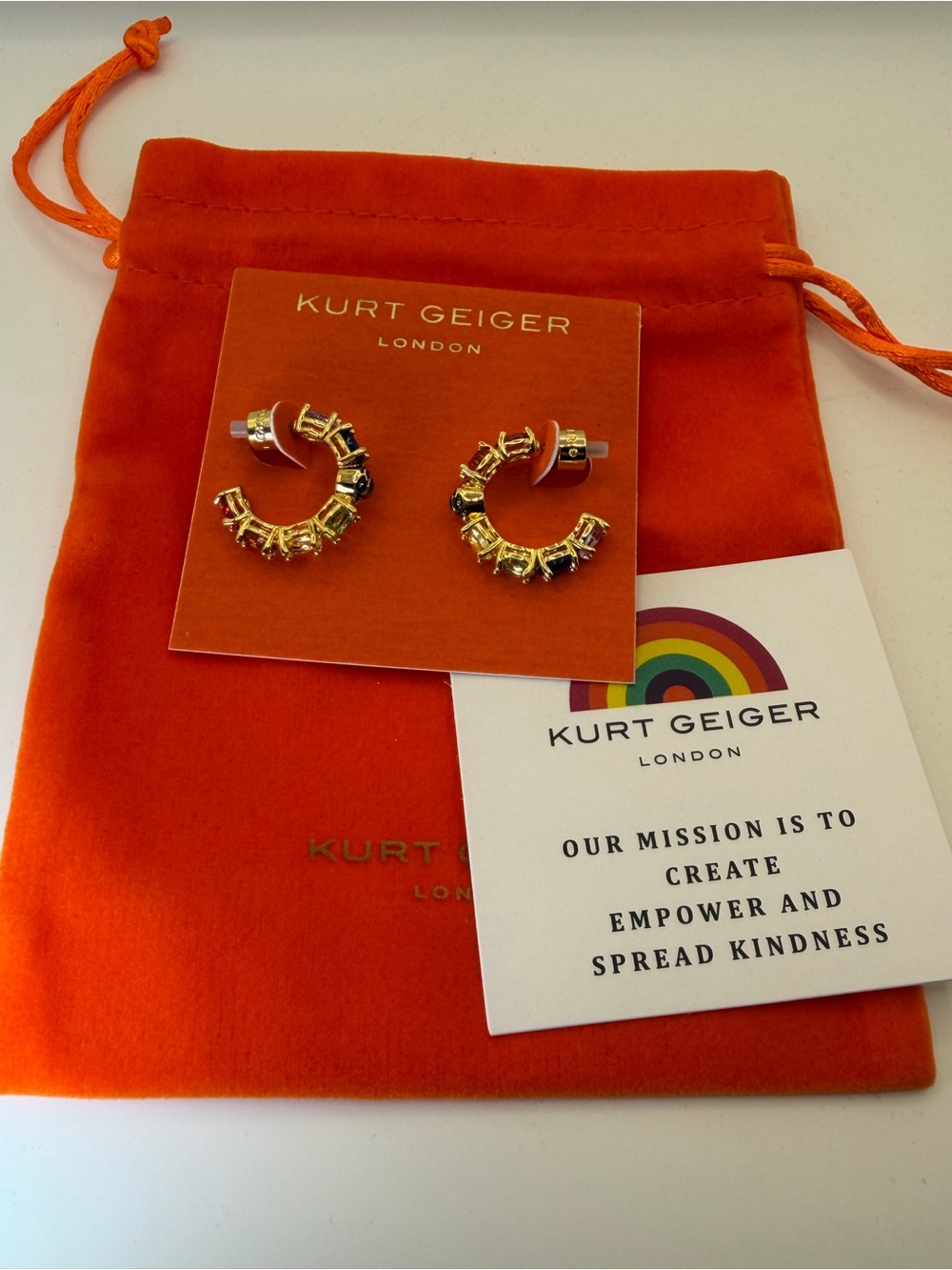 Kurt Geiger London Rainbow Crystal Hoop Earrings Gold Tone NWT $78 - Picture 5 of 12